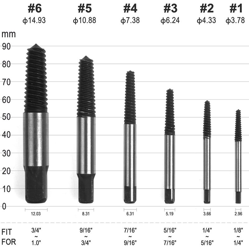 CenterZ 6pcs Stripped Screw Extractor, Damaged Bolt Remover Set - Ideal Left Hand Spiral Removal Tool Kit with Storage Case for 1/8 to 1 inch Thread Broken Stud, Screw, Bolt, Small Pipe Easy Back Out - Image 2